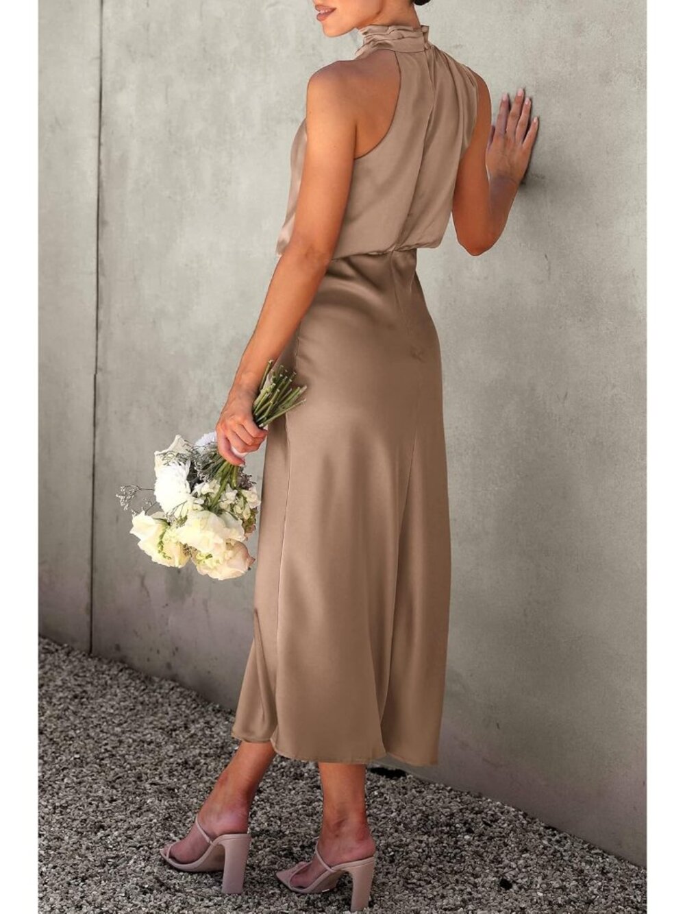 Women's Champagne Summer Satin Elegant Sleeveless Mock Neck Cocktail Maxi Dress - Picture 3 of 6